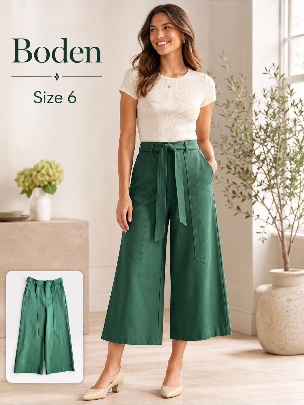 Boden Green Tie Waist Wide Leg Crop Pants Size 6
